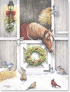 Christmas Card - Horse in Stable with Bunnies